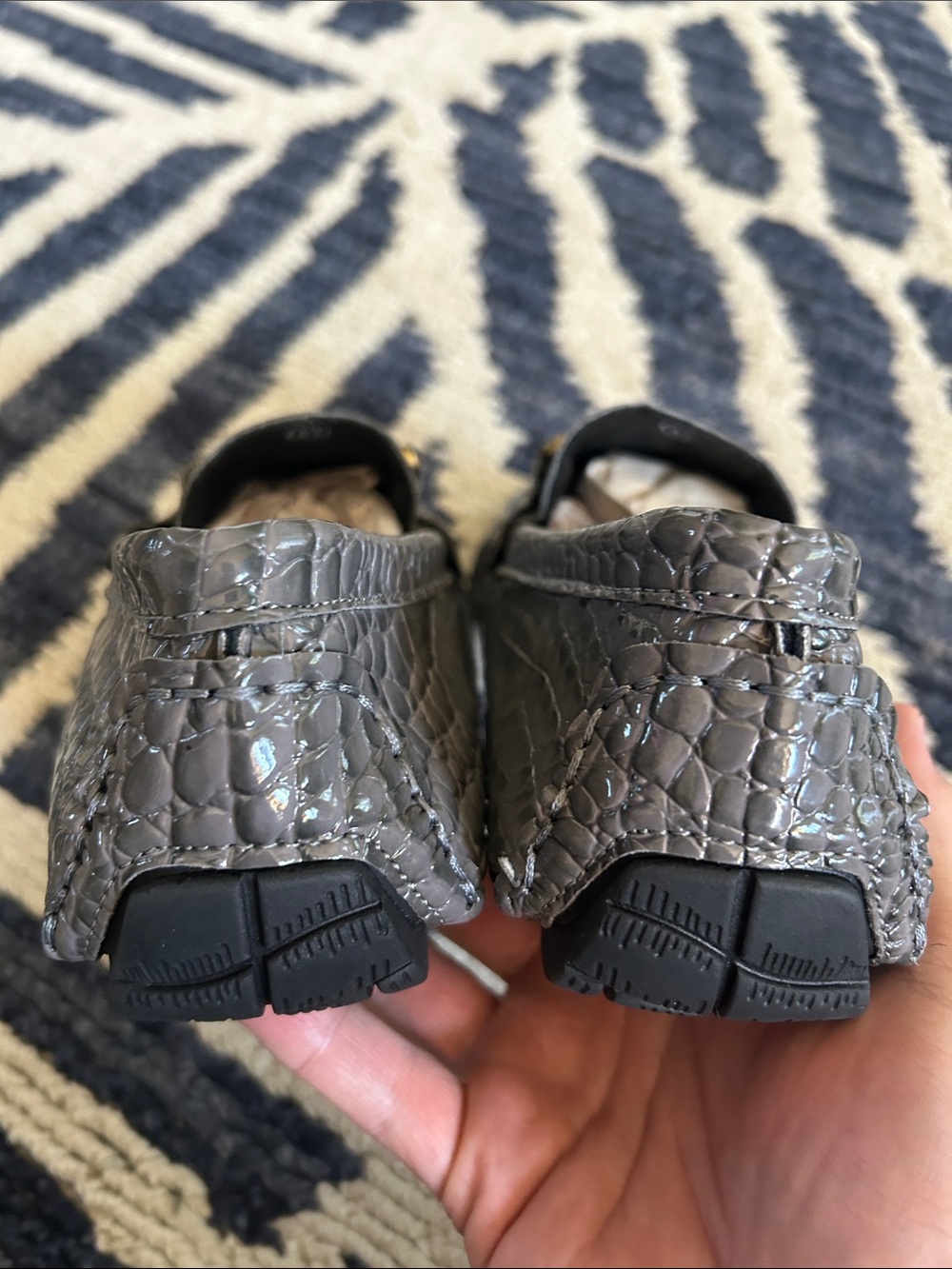 Black Croc-Embossed Slip-On Loafers with Gold Chain Accent - Picture 2 of 3